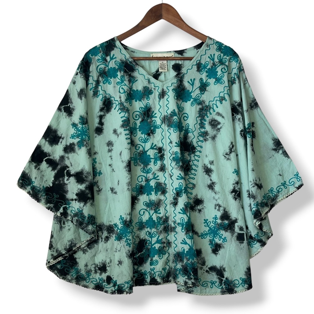 Seventh Avenue Poncho Blouse XL Mint Green‎ NWT Tie Dye Embroidered 100% Cotton